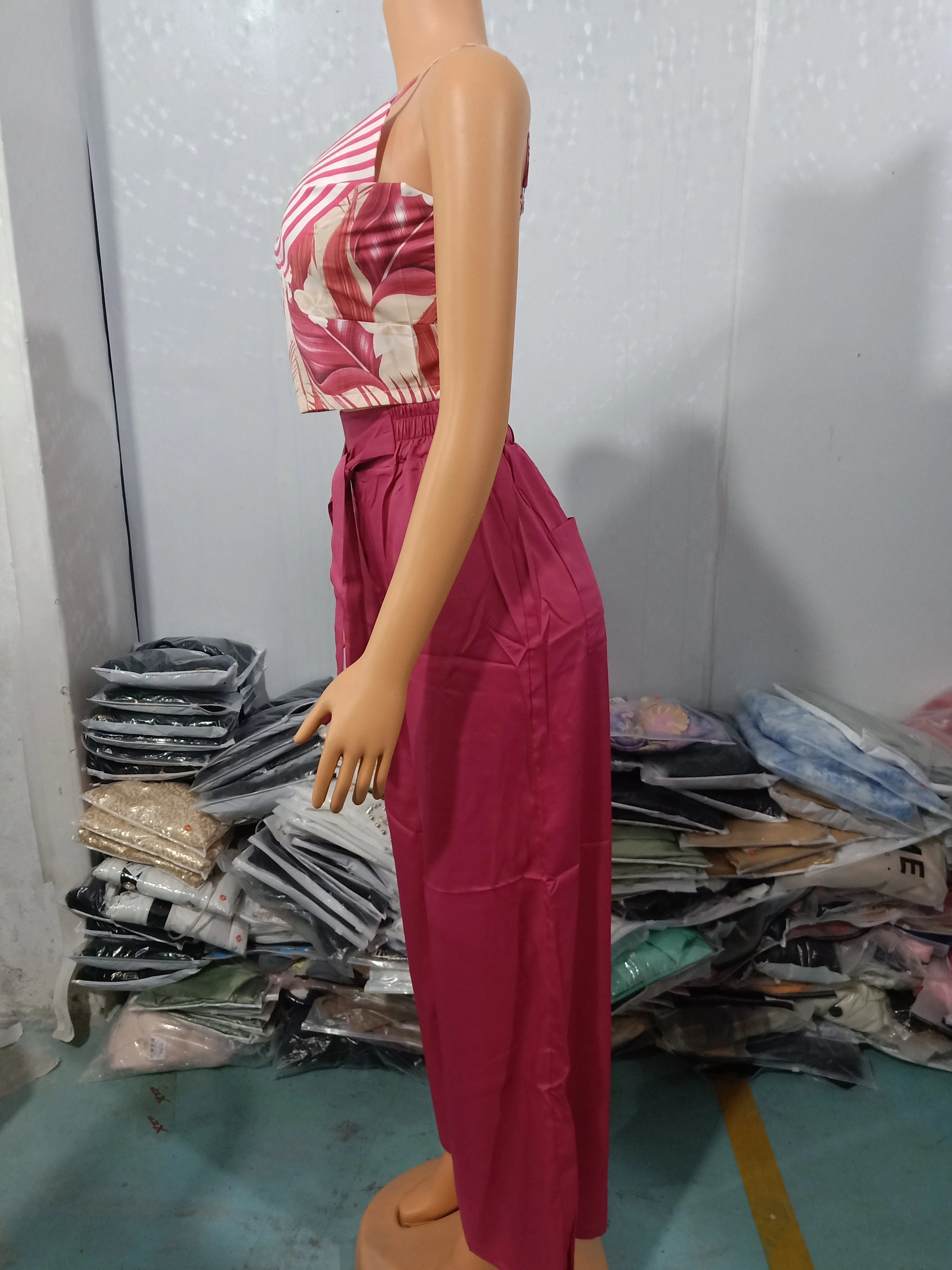 Tow Piceses Outfits for Women 2023 V-Neck Sleeveless Shirred Crop Top & Pocket Design Elegant Work Lady Wide Leg Pants Set