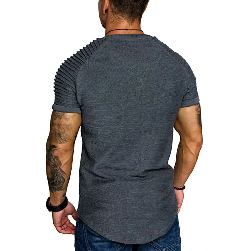 New summer crew-neck slim-fit pleated casual short-sleeved youth fashion base shirt men's sports shoulder sleeve top