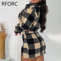 2023 Women Plaid Pattern Short Jacket Top & Silt Skirts Pockets Winter Two Pieces Skirt Set