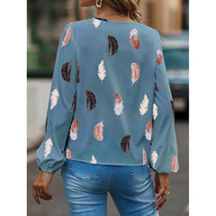 Women's Tops V-neck Feather Print Long Sleeved Loose Comfortable Blouse Autumn Winter New Versatile Casual Simple Plus Size Top