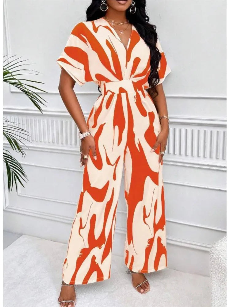 Spring Summer New Printed Short Sleeve For Women's Jumpsuit Fashion Waist Slim Simple Elegant Female Office Jumpsuit Pants