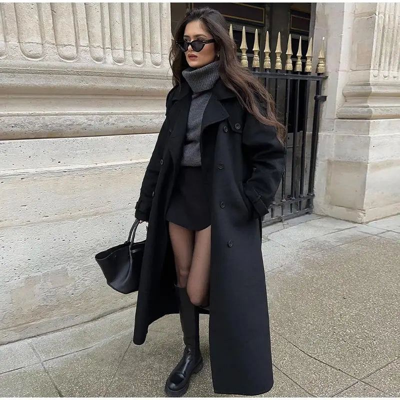 Fashion With Belt Black Woolen Long Coat For Women Oversize Loose Double Button Lapel Overcoat Autumn Lady High Street Outerwear