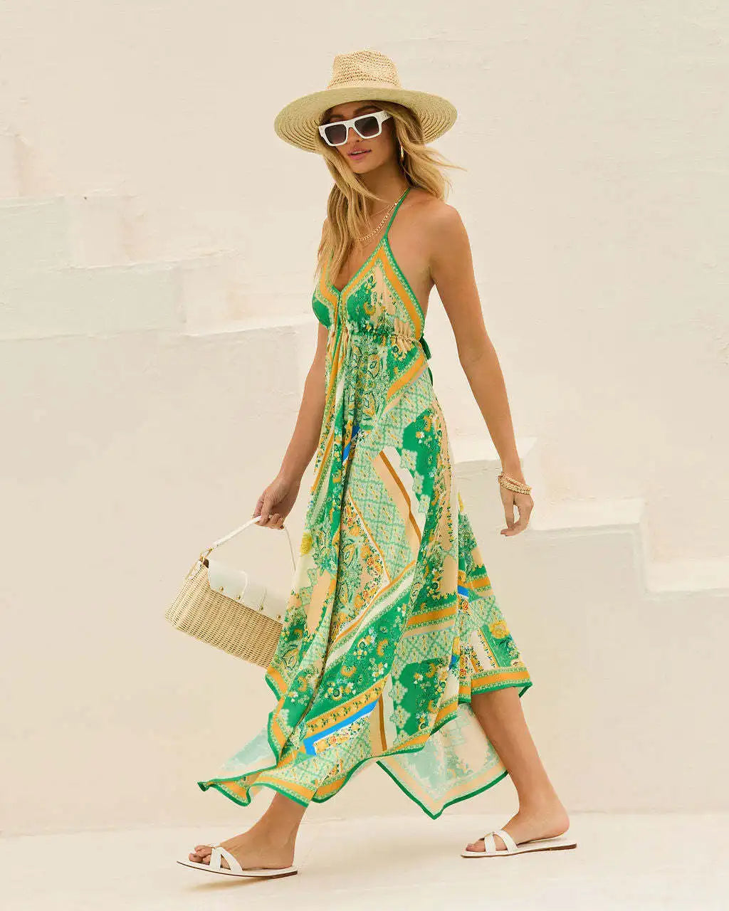 Women's Bohemian Floral Halter Dress – Long, V-Neck, Perfect for Summer, Beach Days, and Casual Outings.