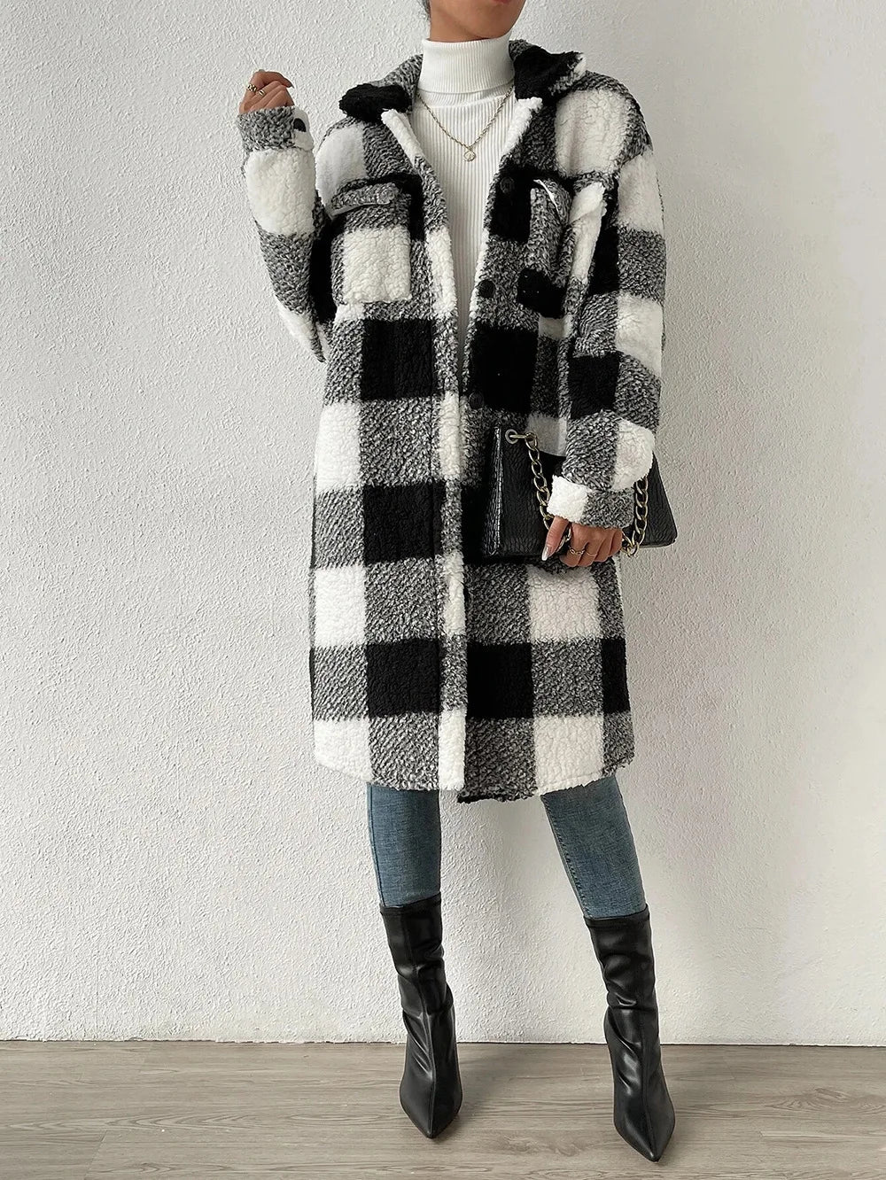 Long Plaid Fleece Coat with Pockets – Autumn & Winter