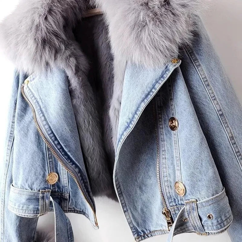 New Winter Denim Jacket Female Short Warm Parkas Rabbit Hair Lining Outwear Fashion Overcoat Women Faux Fox Fur Collar Jean Coat