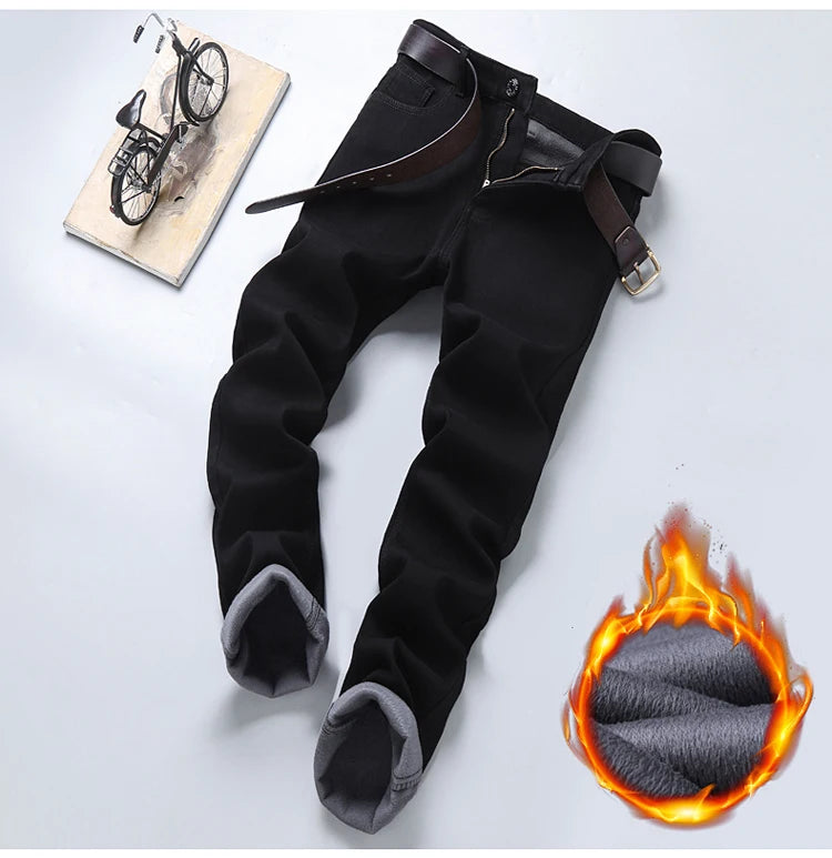 Winter Pure Black Fleece Thick Warm Jeans Men's Slim Straight Elastic Denim Pants Casual Male Clothing Fashion Plush Trousers