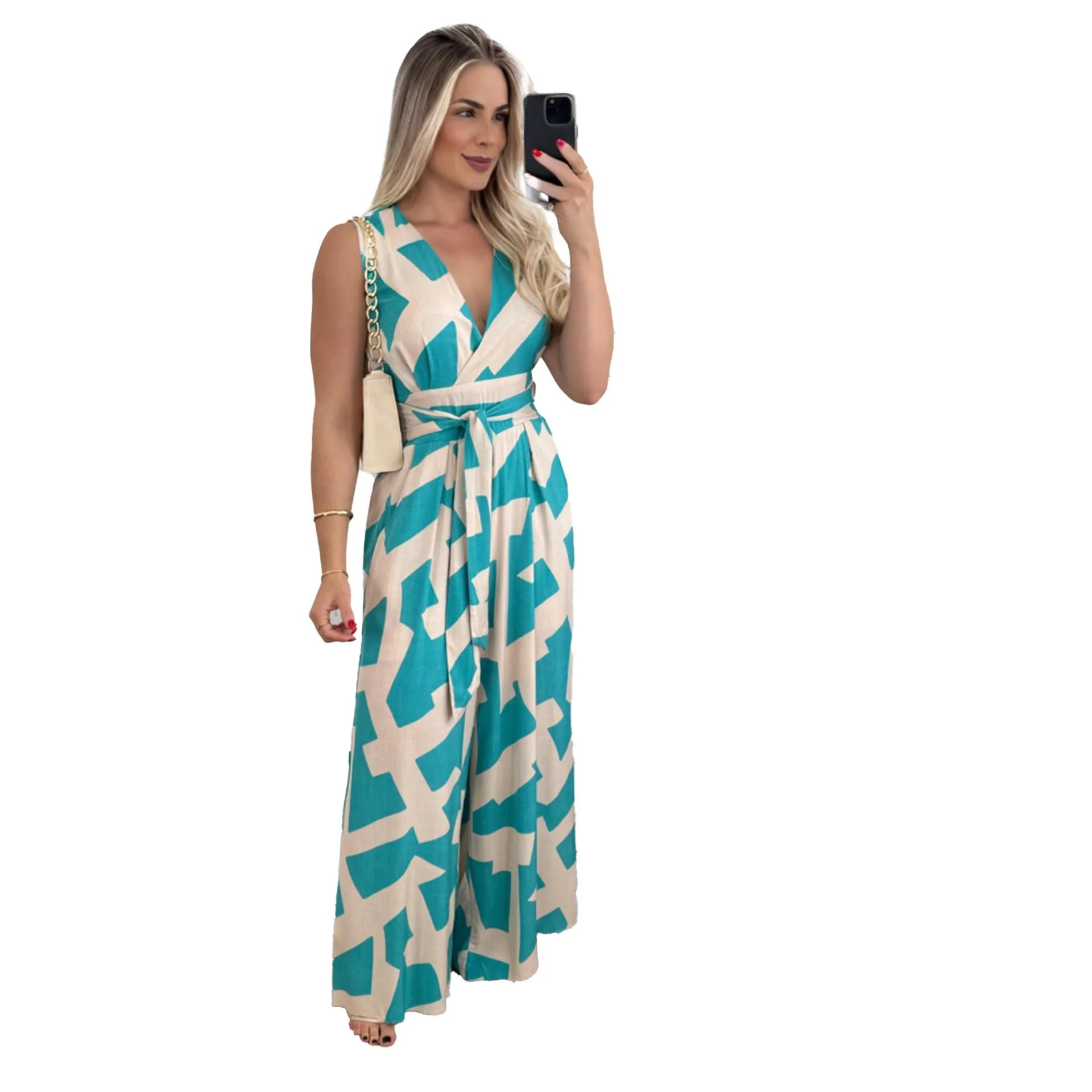 Women's fashionable and minimalist style women's deep V-waist tied jumpsuit -88209 sleeveless mid waist straight leg pants 2024