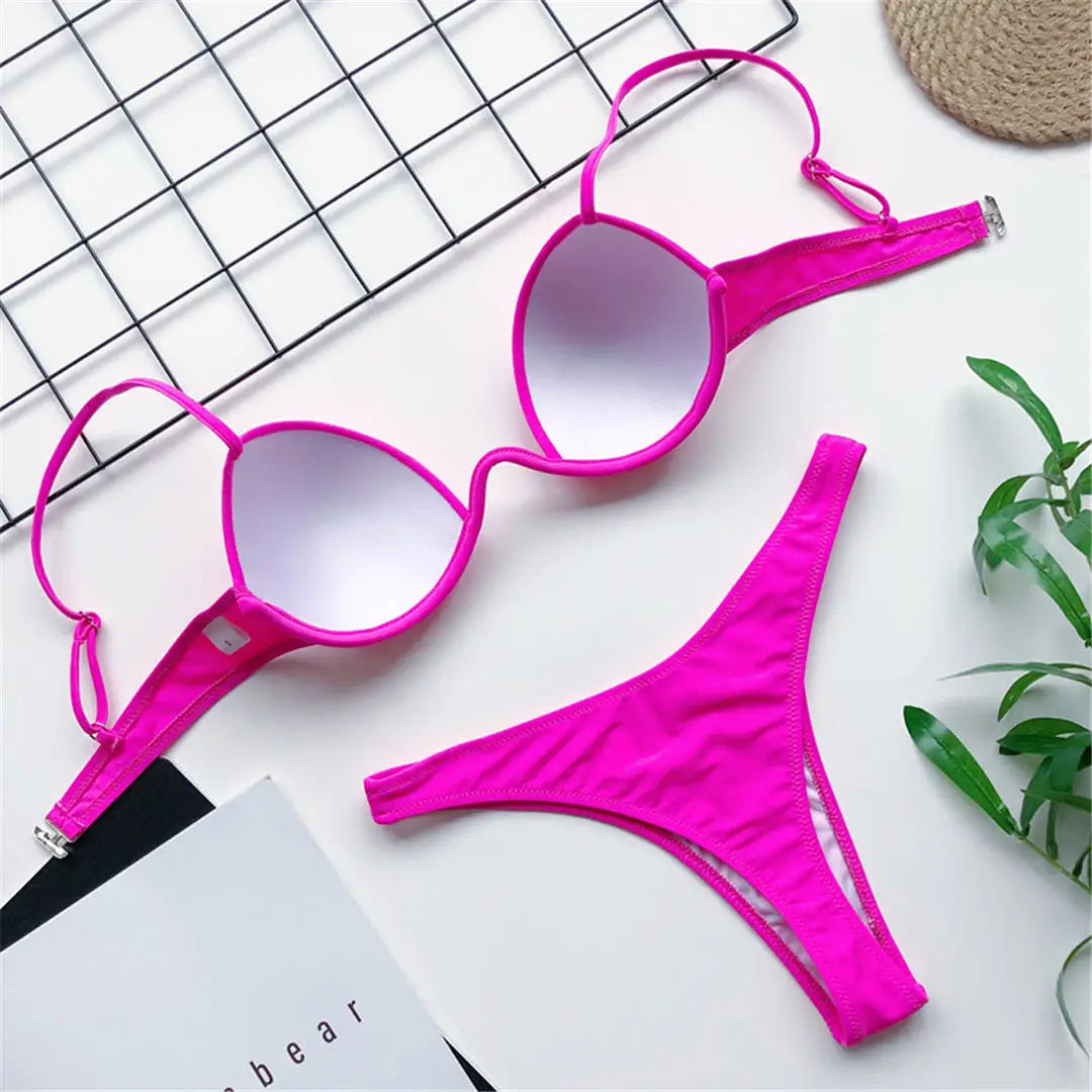 Sexy V-Bra Bikini — Underwired Push-Up, Hard Cup, Two-Piece Backless Set.