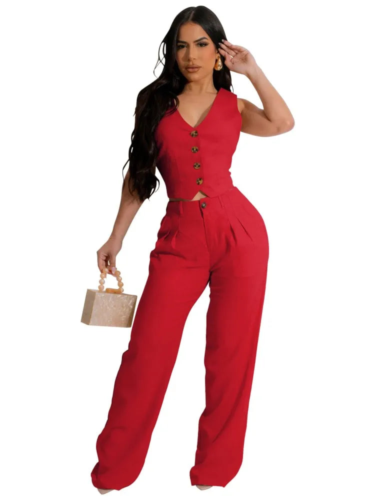 Fashion Sleeveless Vest Pants Women Solid Color Suit Spring Summer V Neck Ultra Short Top + Slim Pants Female Office 2 Piece Set
