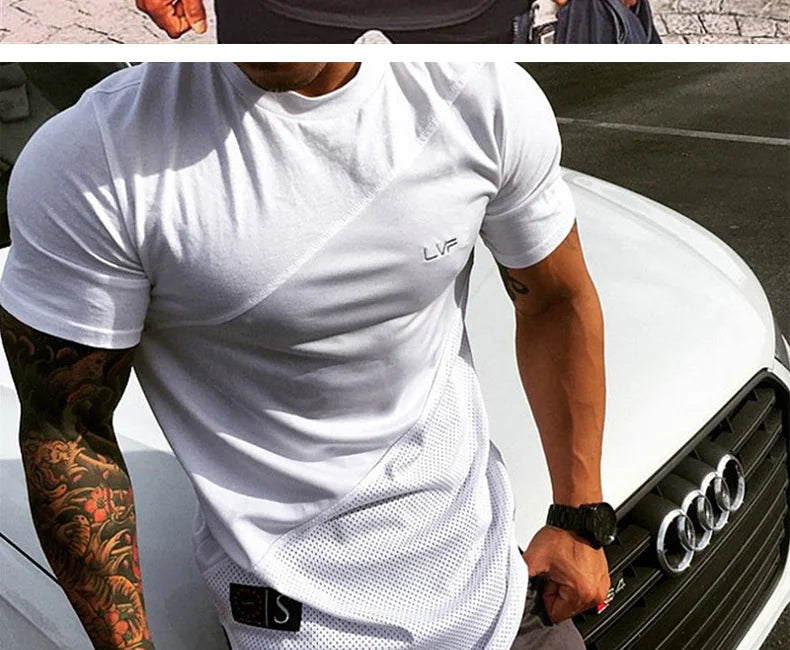 Men's Summer Fashion Fitness Tees Gym  Sport Running Patchwork Short Sleeves Shirt Breathable Bodybuilding T-shirt Man Clothing