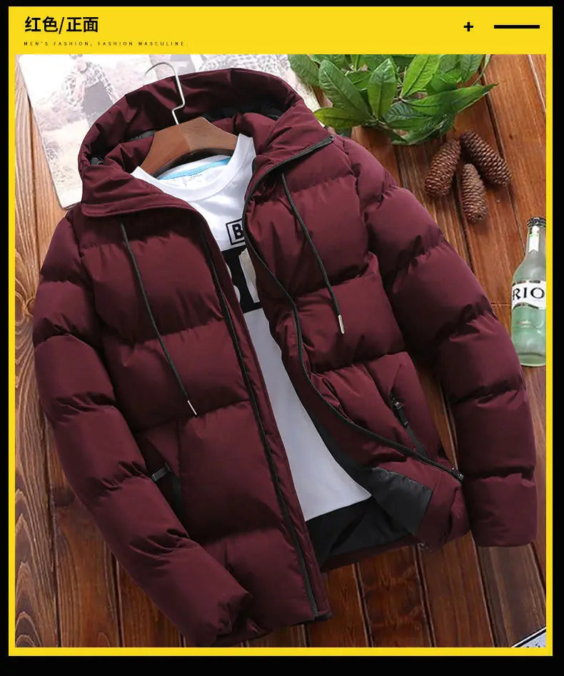 Men’s cotton puffer jacket with hood, loose fit, cropped design — perfect for casual and outdoor wear.