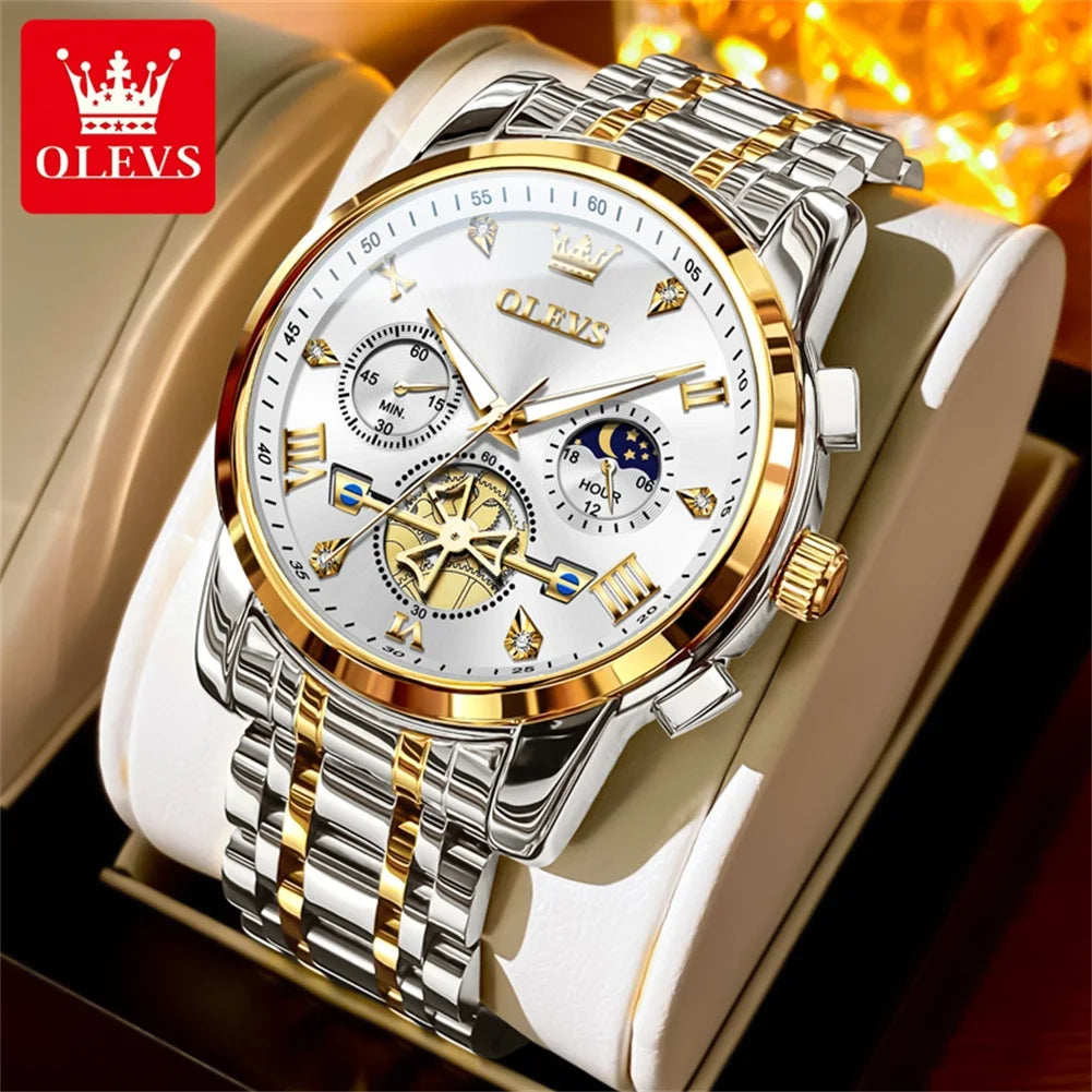 OLEVS 2856 Original Quartz Dress Watch For Men Moon Phase Stainless Steel Business Wristwatch Waterproof Luminous Man Watches