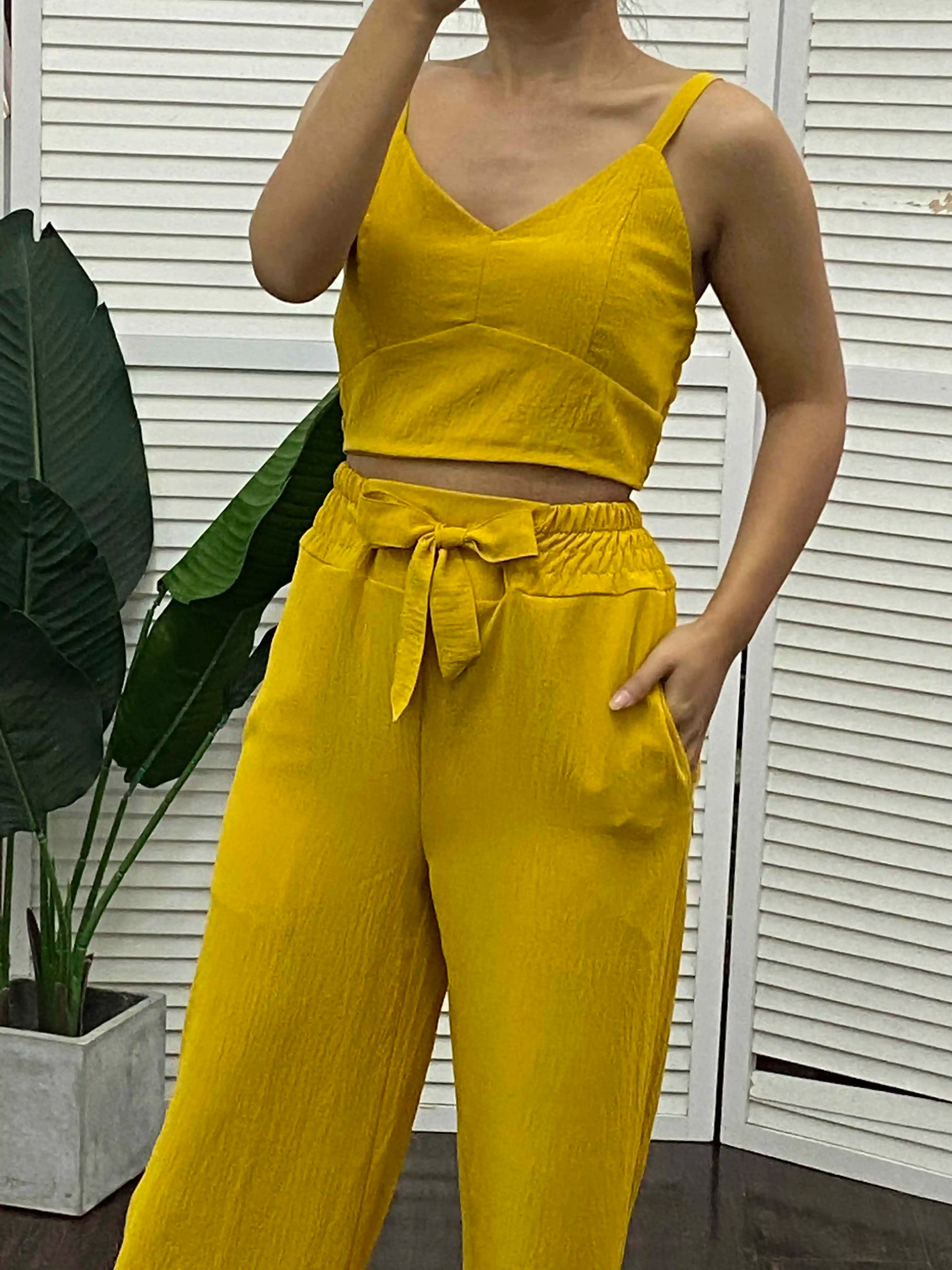 Tow Piceses Outfits for Women 2023 V-Neck Sleeveless Shirred Crop Top & Pocket Design Elegant Work Lady Wide Leg Pants Set