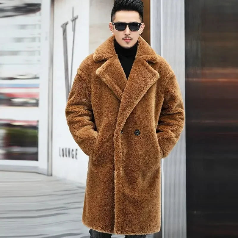 Men’s Winter Leather Coat – Warm, long, fur-lined.