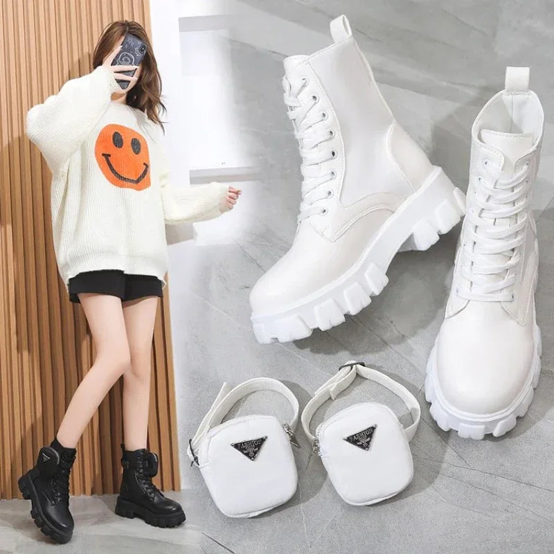 Women's Boots New in Motorcycle Ankle Boots Wedges Female Lace Up Platform Shoes White Black Leather Oxford Shoes Women Boots