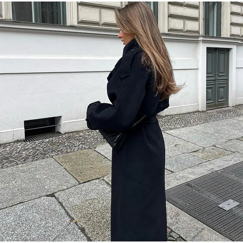 Fashion With Belt Black Woolen Long Coat For Women Oversize Loose Double Button Lapel Overcoat Autumn Lady High Street Outerwear