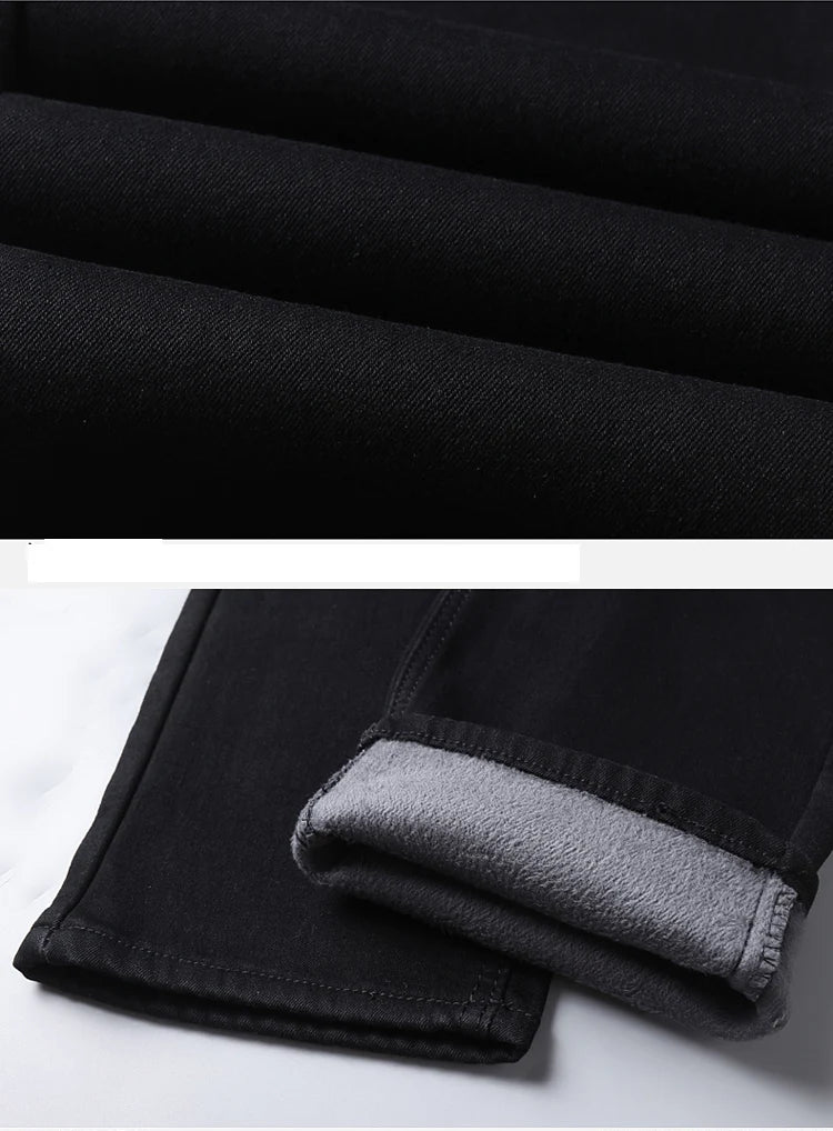 Winter Pure Black Fleece Thick Warm Jeans Men's Slim Straight Elastic Denim Pants Casual Male Clothing Fashion Plush Trousers