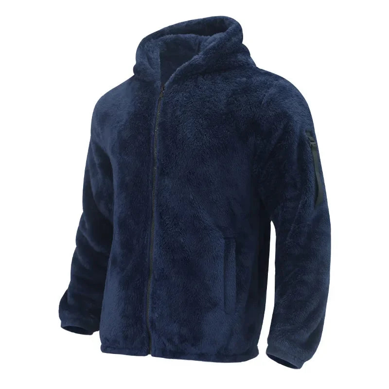 Men’s Fleece Jacket – Hooded, warm, loose fit, casual winter style.