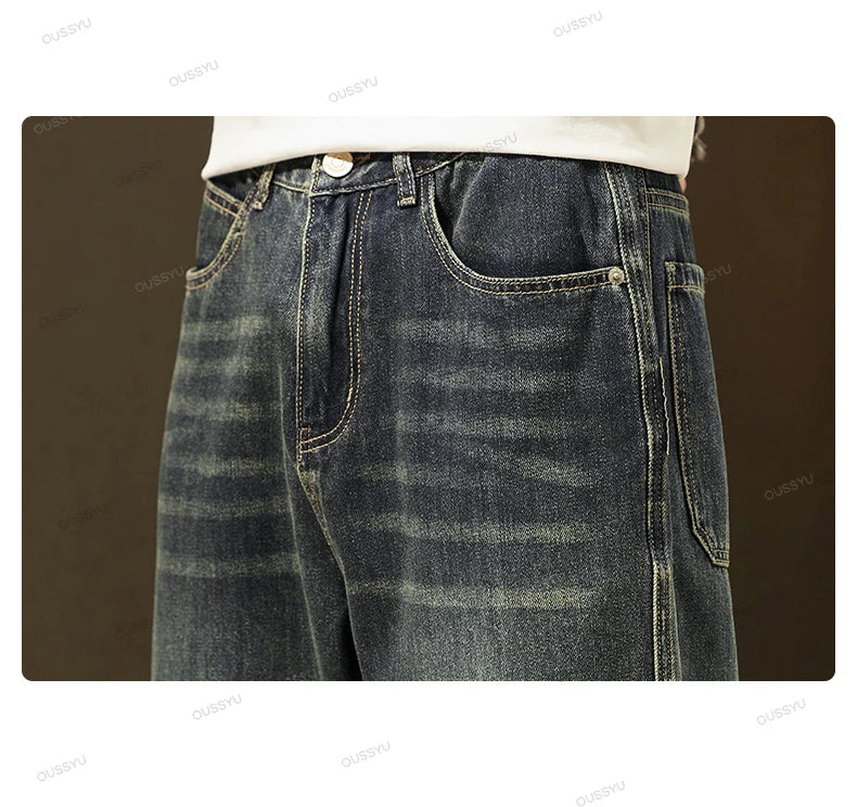 Winter Fleece Warm High Quality Cotton Jeans Men Loose Wide Leg Pants Elastic Waist Korean Velvet Flocking Outdoors Trousers