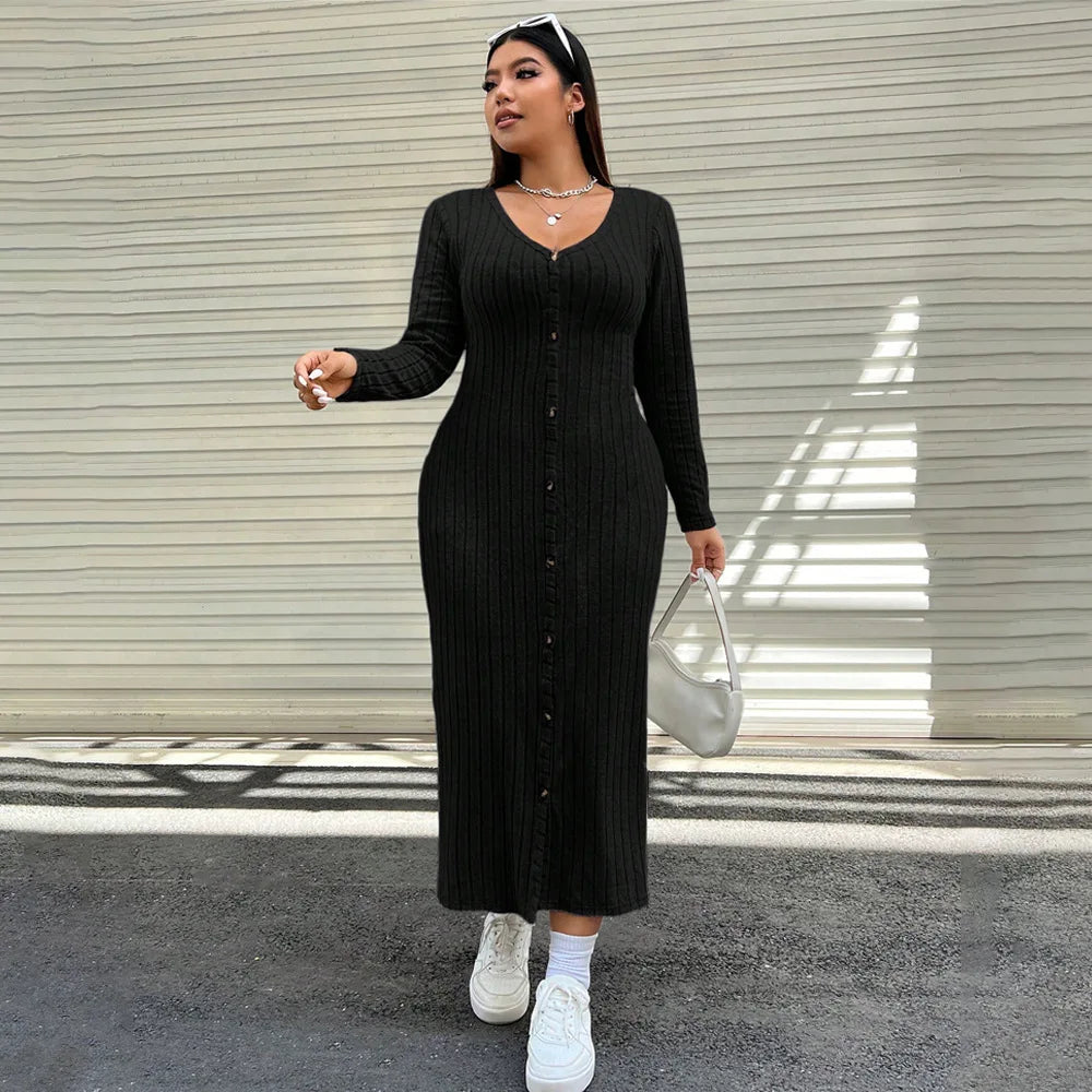 Plus Size Knitted Women Dresses Front Button Long Sleeves Autumn Fall Spring Long Robe Casual Solid Female Sweater Clothing