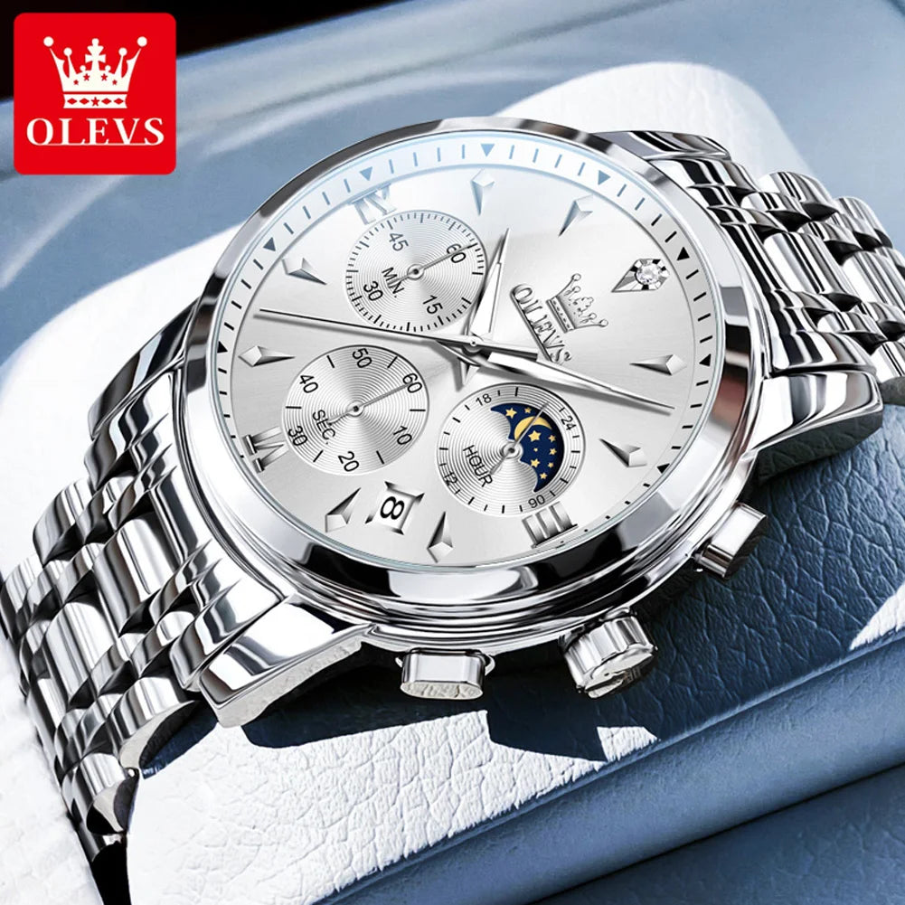 OLEVS 3639 Moon Phase Quartz Watch For Men Fashion Chronograph Luxury Wristwatch Waterproof Luminous Date Business Man Watches