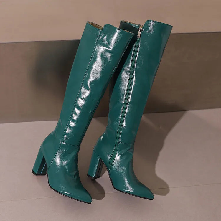 Sexy Women Knee High Boots Pointy Toe Chunky Heels 9CM Boot Large Size 44 45 46 With Zipper Winter Outdoors Leather Female Shoes