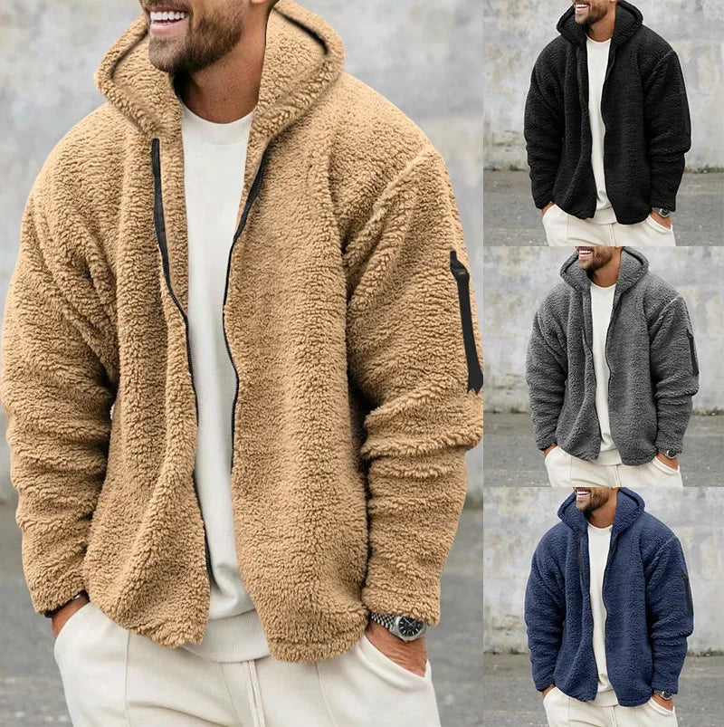 Men’s Fleece Jacket – Hooded, warm, loose fit, casual winter style.