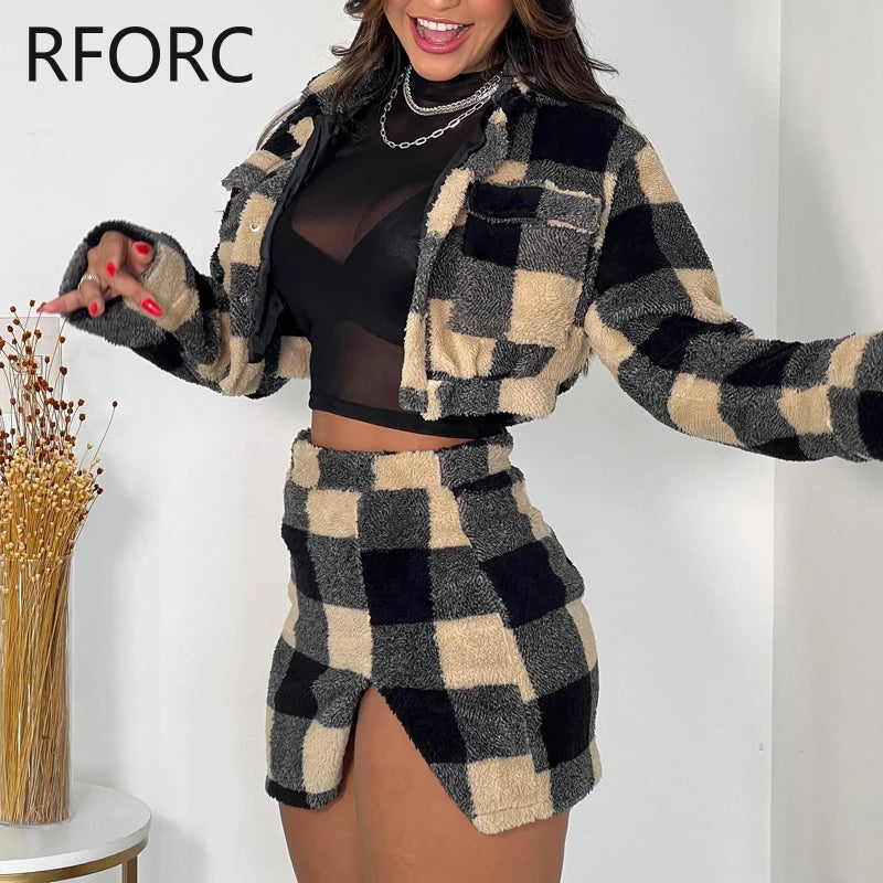 2023 Women Plaid Pattern Short Jacket Top & Silt Skirts Pockets Winter Two Pieces Skirt Set