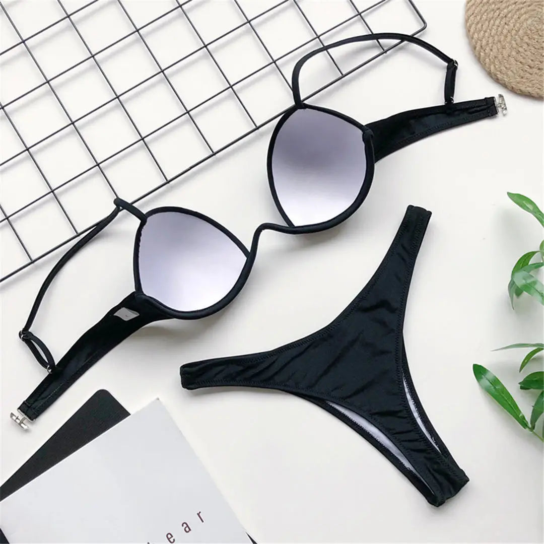 Sexy V-Bra Bikini — Underwired Push-Up, Hard Cup, Two-Piece Backless Set.