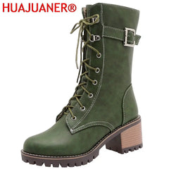 HUAJUANER 2023 Big Size 45 Autumn Winter Shoes High Quality Leather Boots Women Fashion non-slip Shoelaces Motorcycles Boots