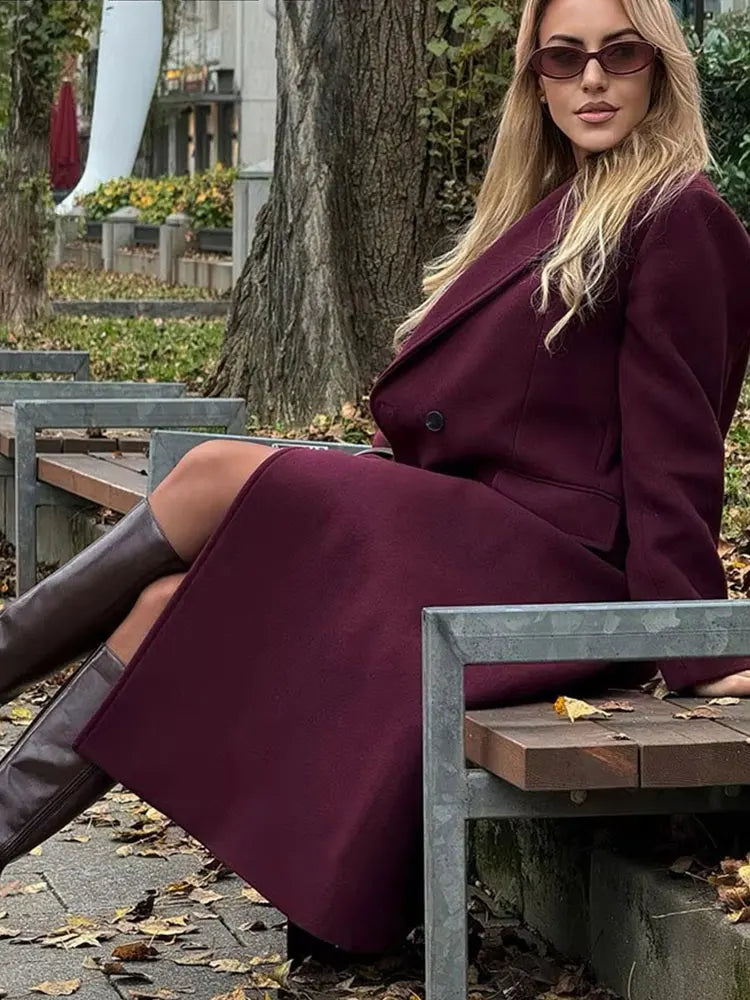 Burgundy Wool Blend Double-Breasted Coat – Autumn & Winter