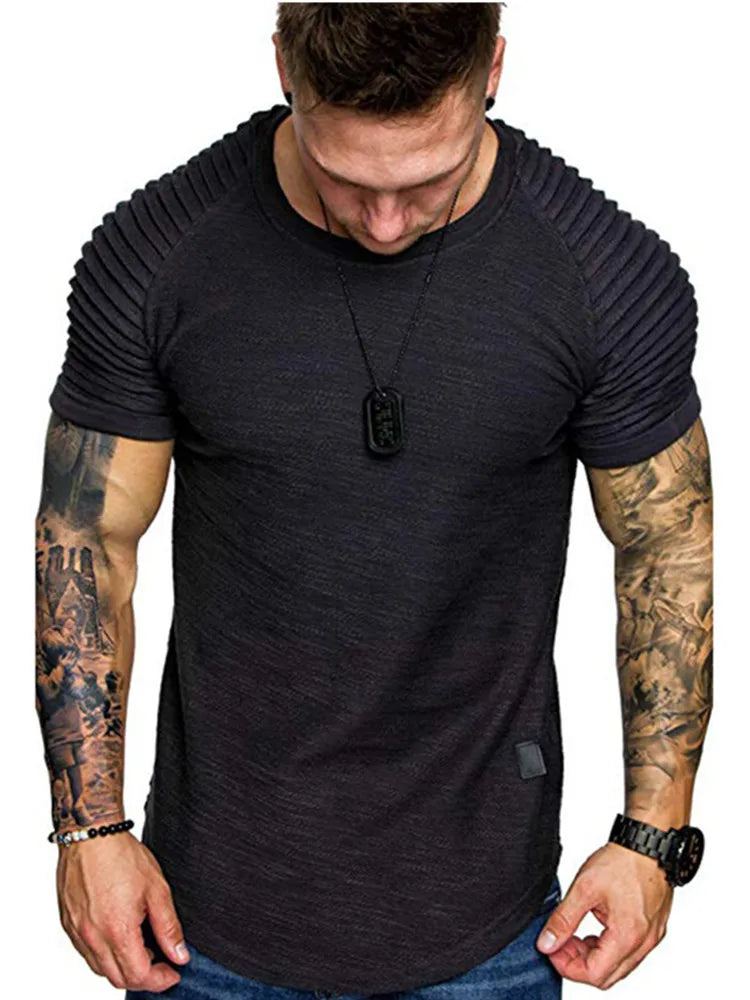 New summer crew-neck slim-fit pleated casual short-sleeved youth fashion base shirt men's sports shoulder sleeve top