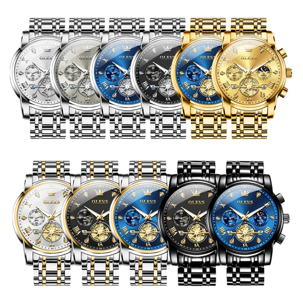 OLEVS 2856 Original Quartz Dress Watch For Men Moon Phase Stainless Steel Business Wristwatch Waterproof Luminous Man Watches