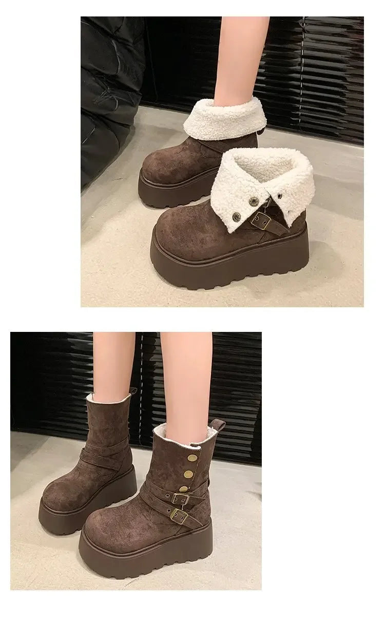 Women’s Winter Boots – Thick sole, ultra high heel, fleece-lined, mid-calf, round toe.