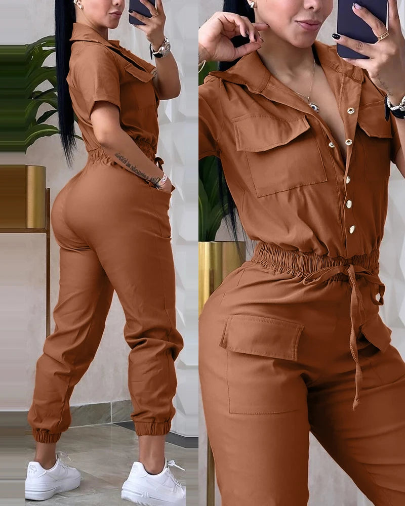 Elegant 2025 women’s jumpsuit – casual, solid color, short sleeve, high waist.