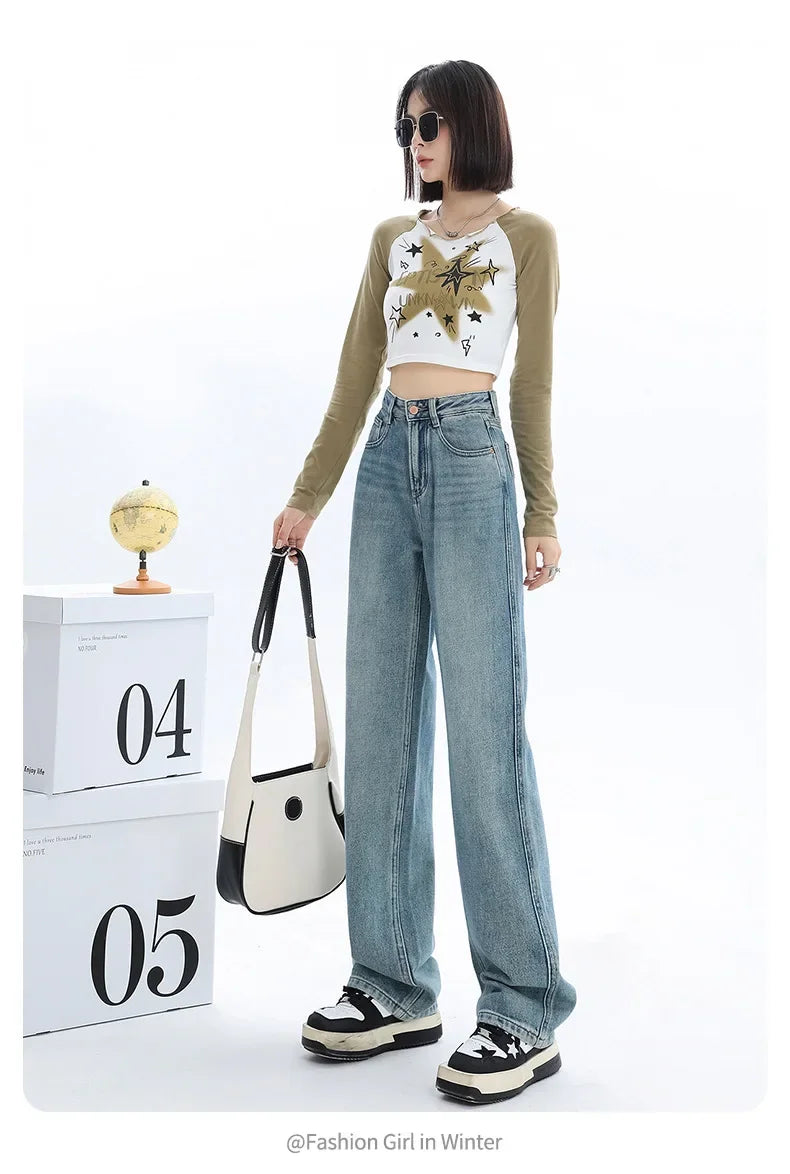 High-waisted Thickened Loose-fit Fleece-lined Straight-leg Jeans For Women Petite Size Warm Light-colored Long Trousers