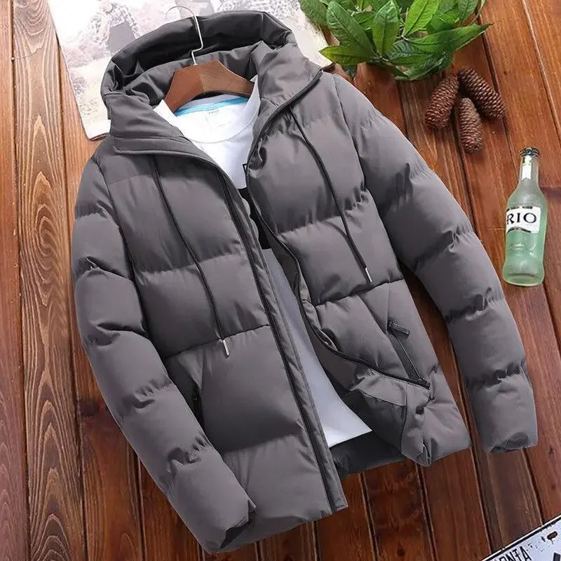 Men’s cotton puffer jacket with hood, loose fit, cropped design — perfect for casual and outdoor wear.
