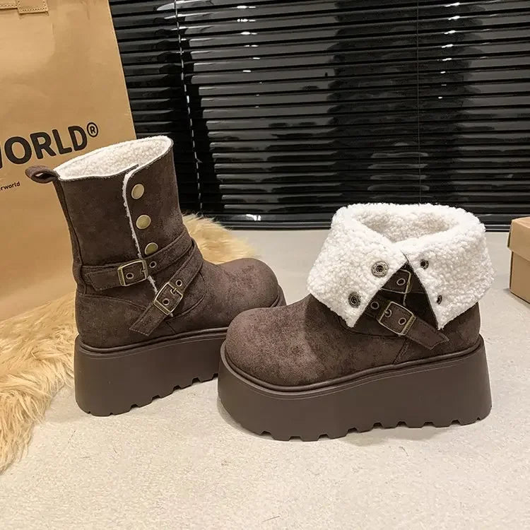 Women’s Winter Boots – Thick sole, ultra high heel, fleece-lined, mid-calf, round toe.