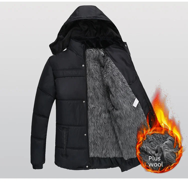 Thickened cotton padded men’s jacket, warm and medium-length.