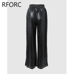 2023 Women Chic Pu Leather Elastic Waist Rivet Side Decoration Small Silt Straight Leg Pants