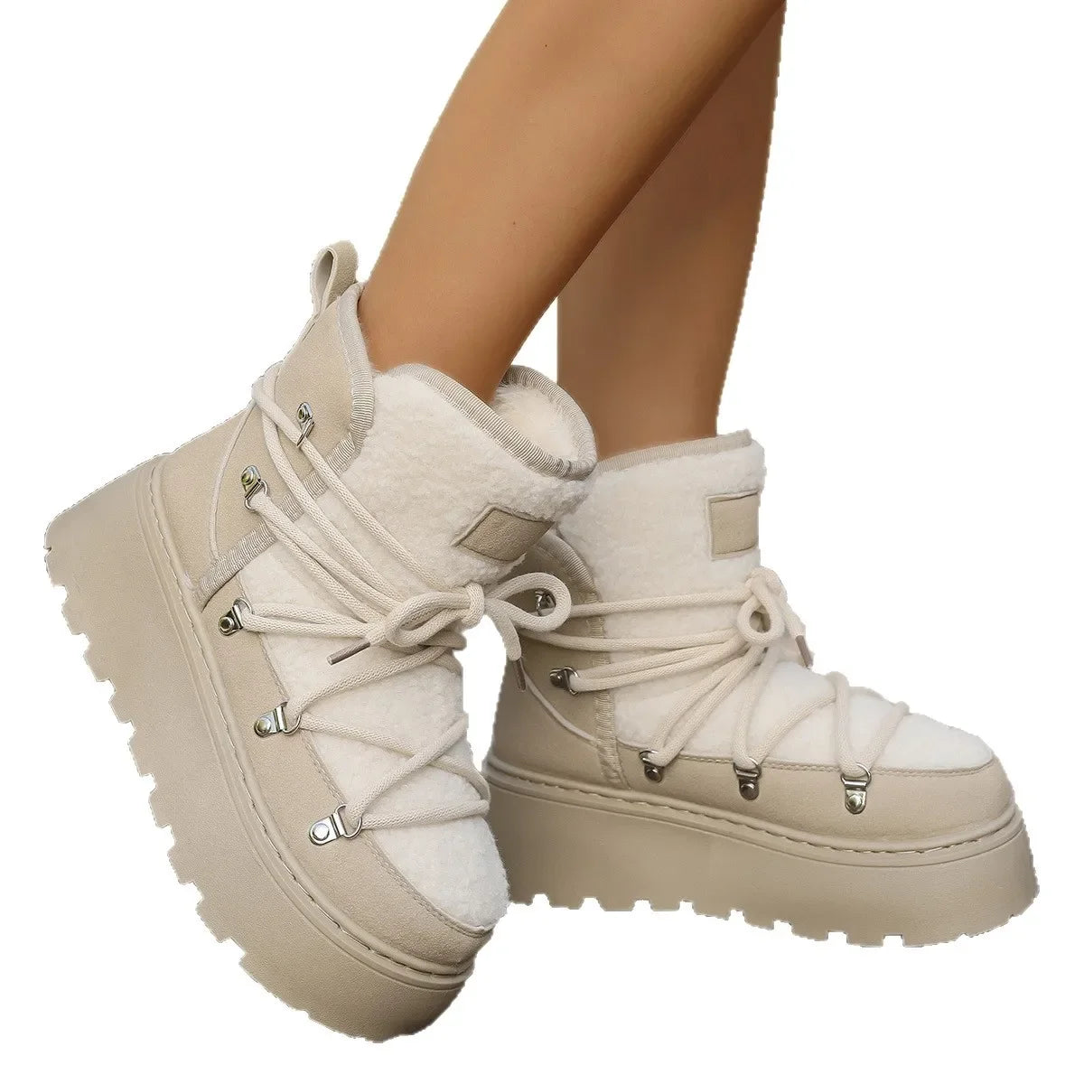 Women’s Winter Snow Boots – Warm, Fleece-Lined, Thick Sole, Cotton Material, Adjustable Ties, Non-Slip Rubber Outsole,