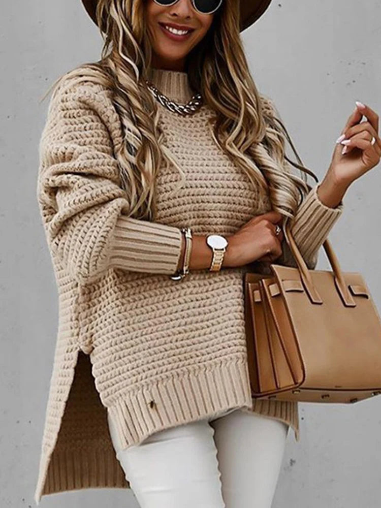 Loose Black Knit Sweater with High Neck – Autumn & Winter