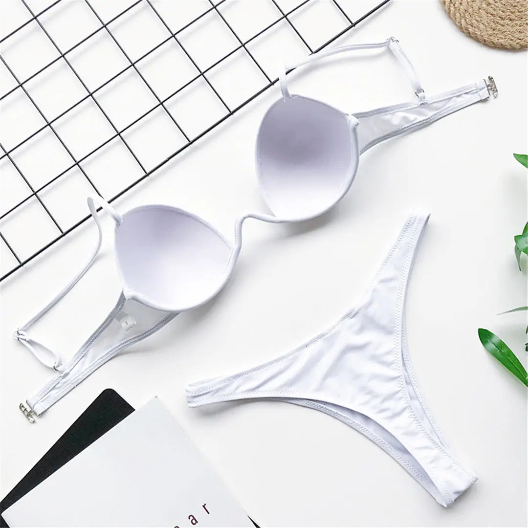 Sexy V-Bra Bikini — Underwired Push-Up, Hard Cup, Two-Piece Backless Set.