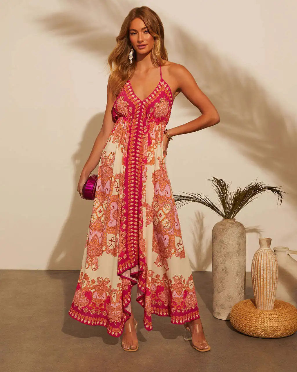 Women's Bohemian Floral Halter Dress – Long, V-Neck, Perfect for Summer, Beach Days, and Casual Outings.