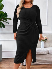 Plus Size Solid Women Dresses Knitted Round Neck Long Sleeves Autumn Fall Sprimg Robe Casual Twist Split Female Clothing