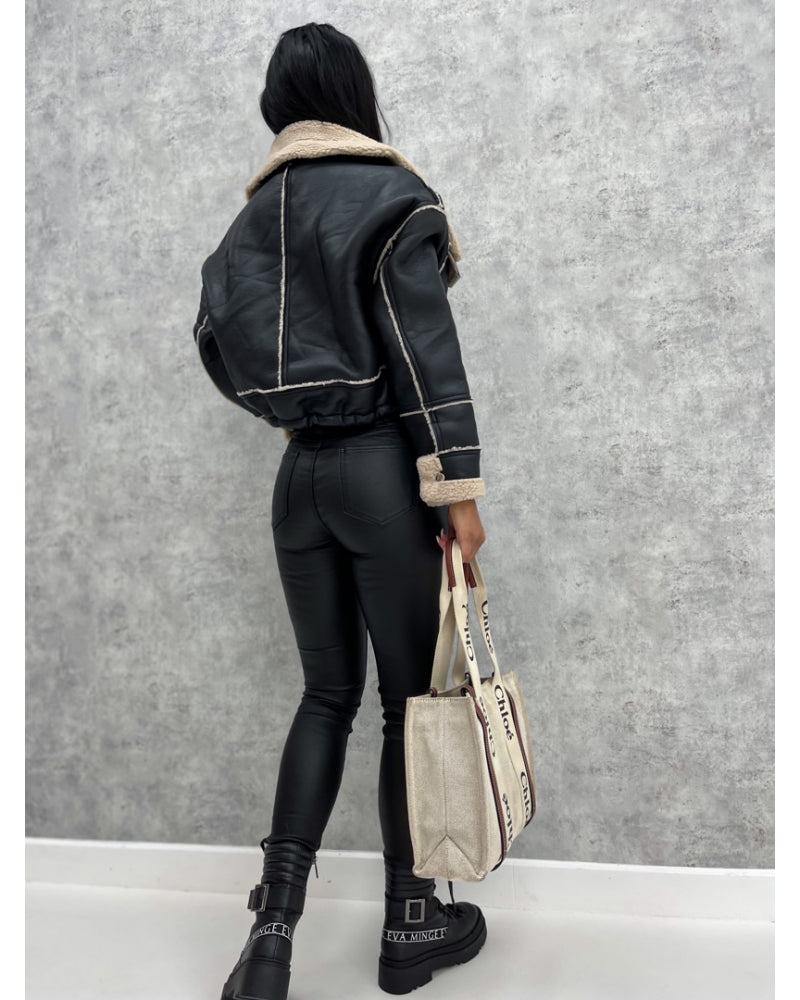 Faux Leather Jackets Women PU Short Thick Warm Black Outwear Female Aviator Retro Lapel Velvet Coat New Year Winter Tops