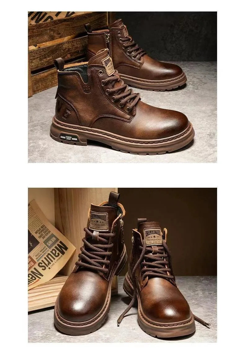 Luxury Men Ankle Boots Retro British High-top Men Boots Fashion High Quality Leather Shoes 2024 New Outdoor Men Motorcycle Boots
