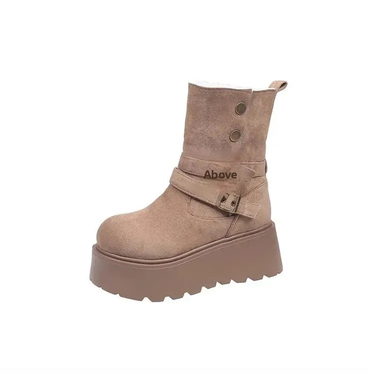 Women’s Winter Boots – Thick sole, ultra high heel, fleece-lined, mid-calf, round toe.