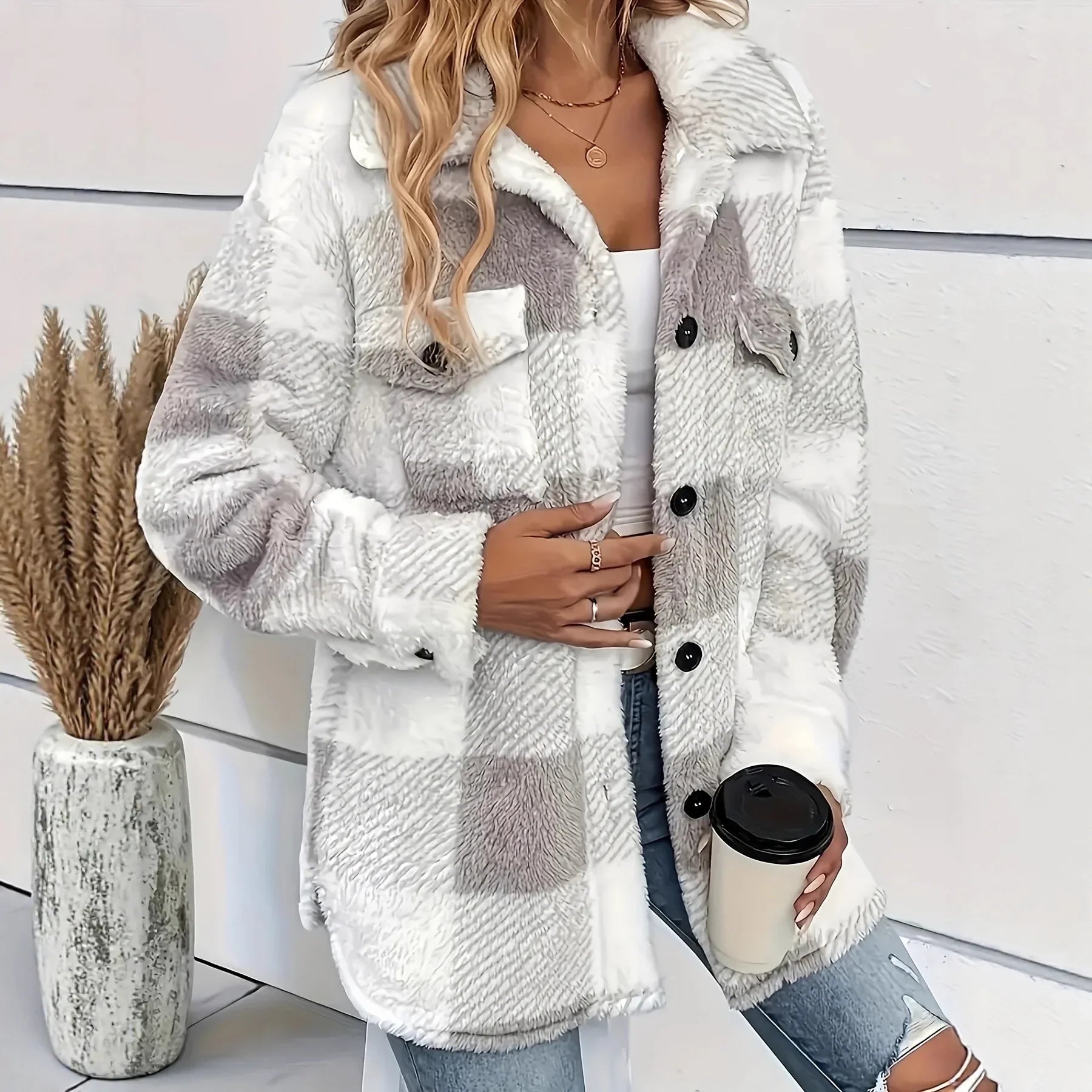 Winter jacket with high elasticity, long plush fabric, and a comfortable, modern design.