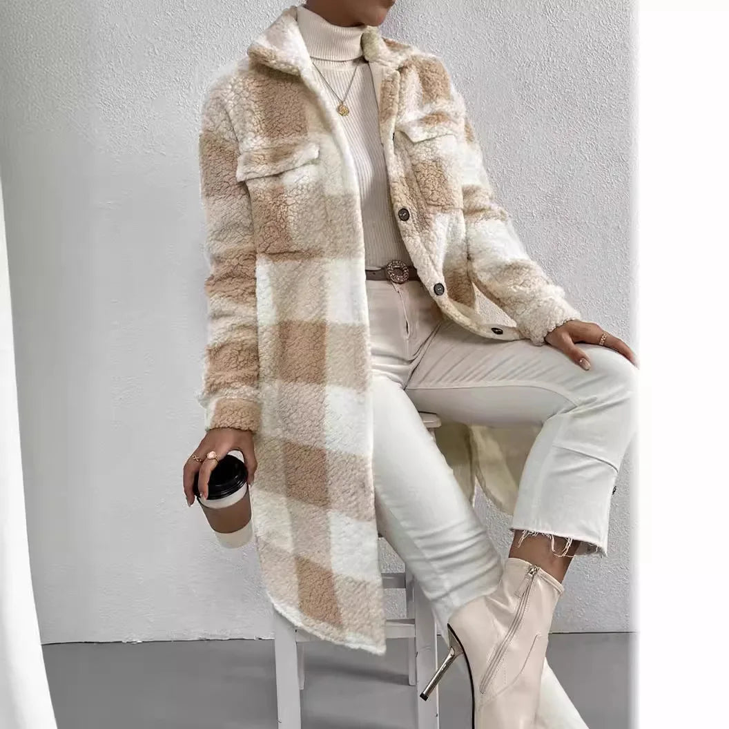 Long Plaid Fleece Coat with Pockets – Autumn & Winter